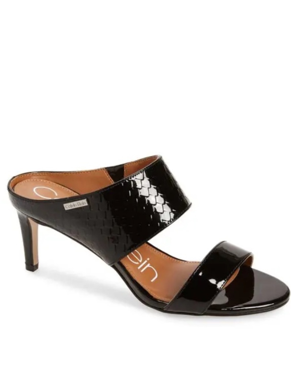 CALVIN KLEIN Cecily slip on heels mule black shiny patent leather straps  6